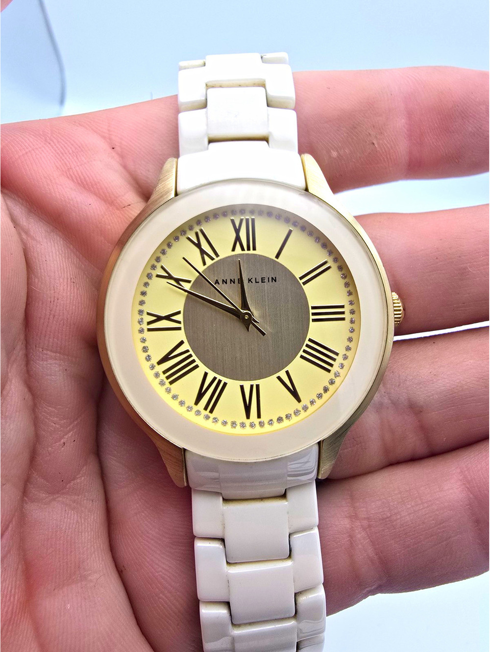 Anne Klein AK/1948 Women’s Quartz Analog Watch Gold Tone Case White Ceramic